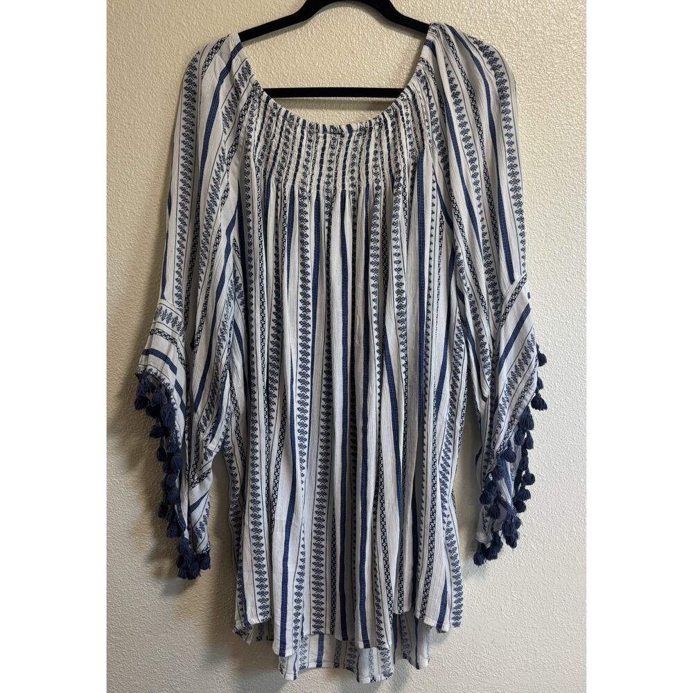 Striped Over the Shoulder Blouse Top Cover Up Coastal Boho Beach Plus Size 3X - Picture 2 of 8
